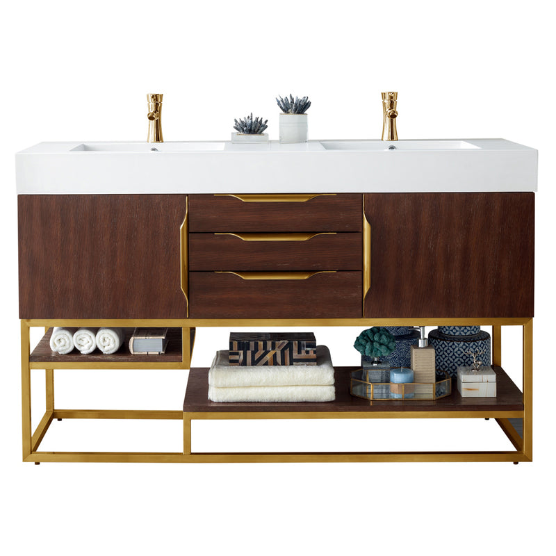 James Martin Columbia 59" Double Vanity Coffee Oak Radiant Gold with Glossy White Composite Top 388-V59D-CFO-RG-GW