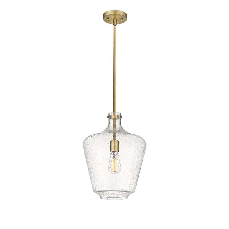 Lowell Mini Pendant shown in the Brushed Brass finish with a Seedy shade