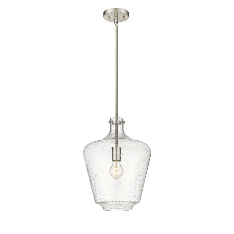 Lowell Mini Pendant shown in the Brushed Satin Nickel finish with a Seedy shade