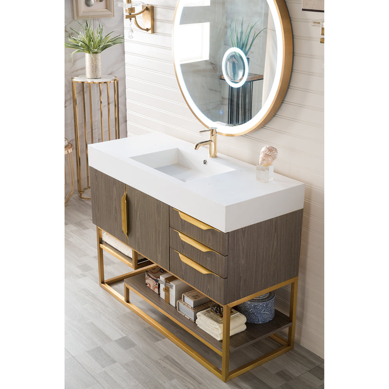 James Martin Columbia 48" Single Vanity Ash Gray Radiant Gold with Glossy White Composite Top 388-V48-AGR-RG-GW