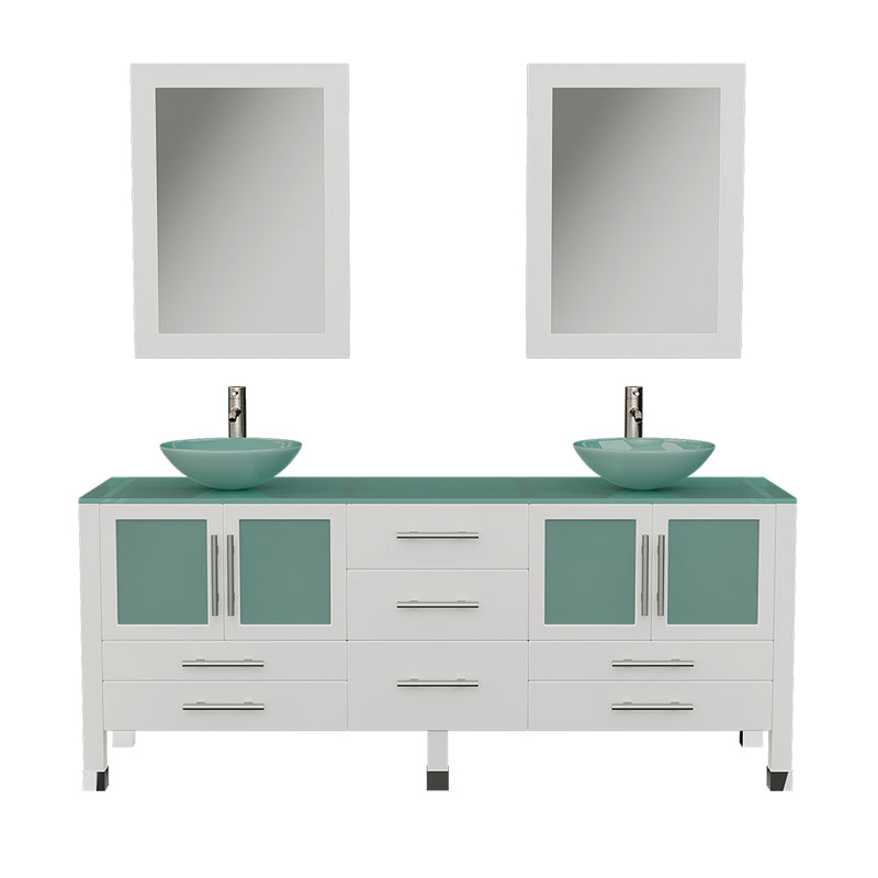 Cambridge Plumbing 71" Solid Wood & Frosted Glass Double Vessel Sink Vanity, BN Faucet