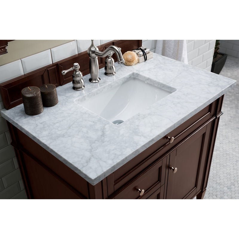 James Martin Brittany 36" Burnished Mahogany Single Vanity with 3 cm Carrara Marble Top 650-V36-BNM-3CAR