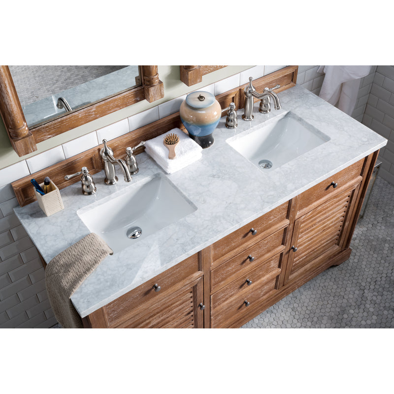 James Martin Savannah 60" Driftwood Double Vanity with 3 cm Carrara Marble Top 238-104-5611-3CAR