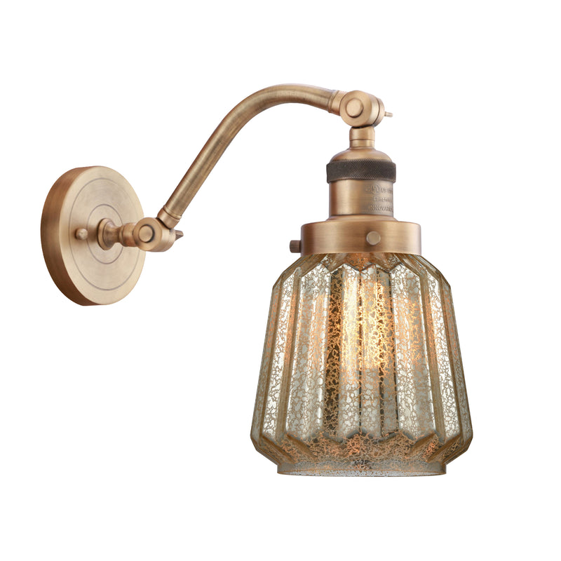 Chatham Sconce shown in the Brushed Brass finish with a Mercury shade