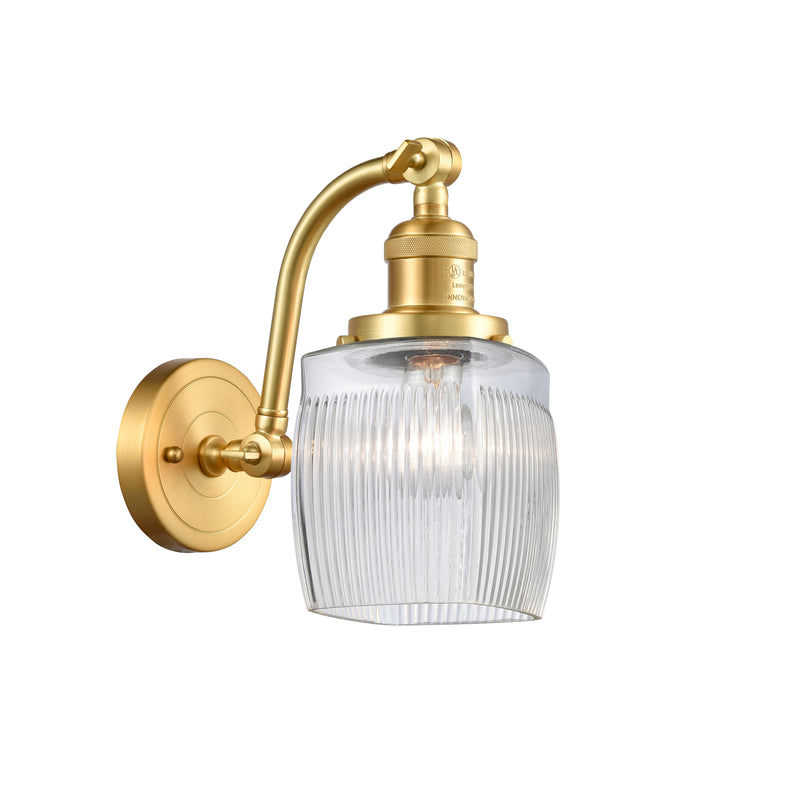 Colton Sconce shown in the Satin Gold finish with a Clear Halophane shade