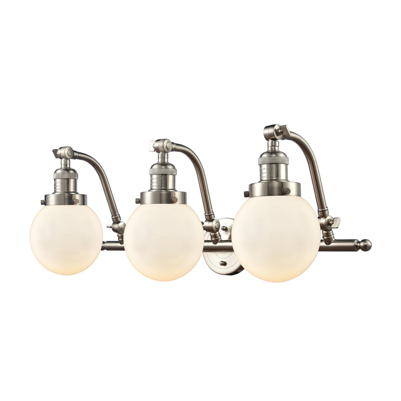 Beacon Bath Vanity Light shown in the Brushed Satin Nickel finish with a Matte White shade