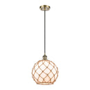 Farmhouse Rope Mini Pendant shown in the Antique Brass finish with a White Glass with Brown Rope shade