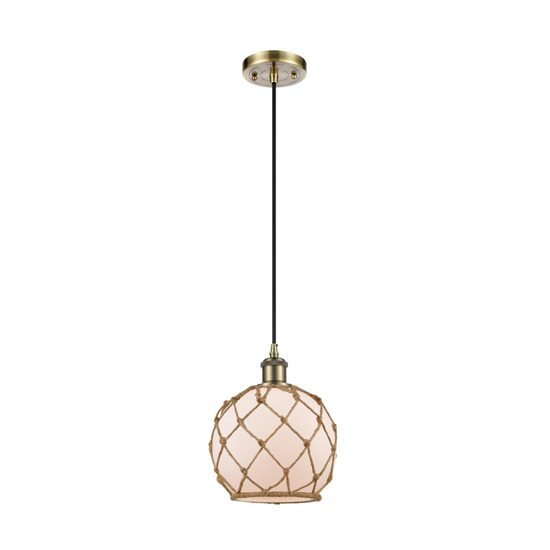 Farmhouse Rope Mini Pendant shown in the Antique Brass finish with a White Glass with Brown Rope shade