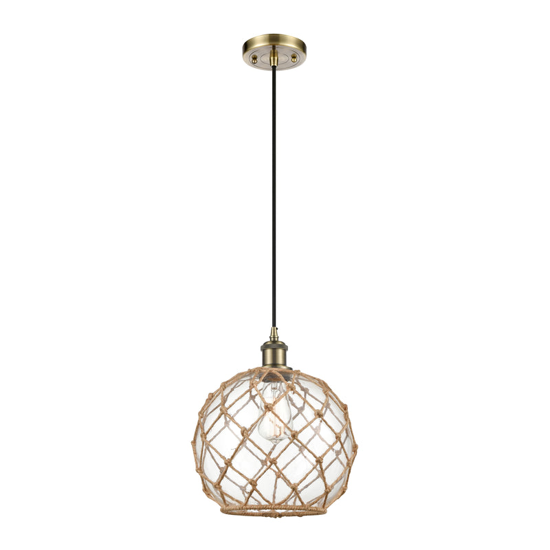 Farmhouse Rope Mini Pendant shown in the Antique Brass finish with a Clear Glass with Brown Rope shade