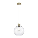 Athens Mini Pendant shown in the Antique Brass finish with a Clear shade