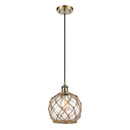 Farmhouse Rope Mini Pendant shown in the Antique Brass finish with a Clear Glass with Brown Rope shade