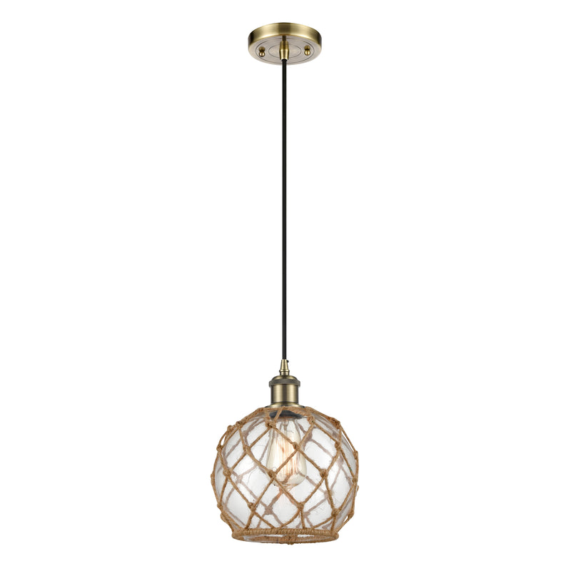 Farmhouse Rope Mini Pendant shown in the Antique Brass finish with a Clear Glass with Brown Rope shade