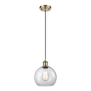 Athens Mini Pendant shown in the Antique Brass finish with a Clear shade