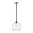 Athens Mini Pendant shown in the Antique Brass finish with a Seedy shade