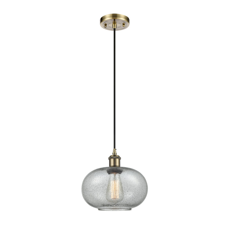 Gorham Mini Pendant shown in the Antique Brass finish with a Charcoal shade