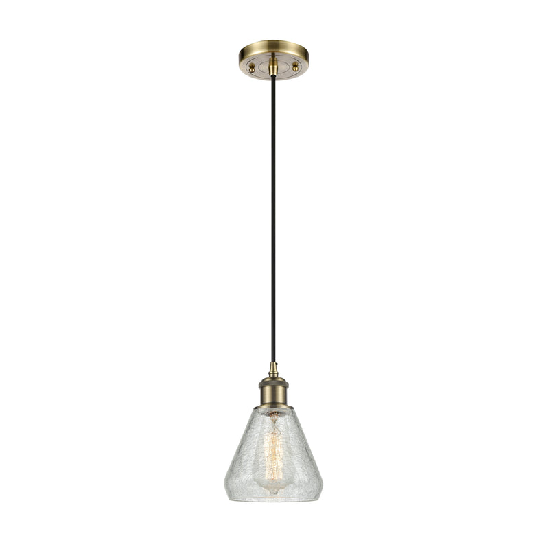 Conesus Mini Pendant shown in the Antique Brass finish with a Clear Crackle shade