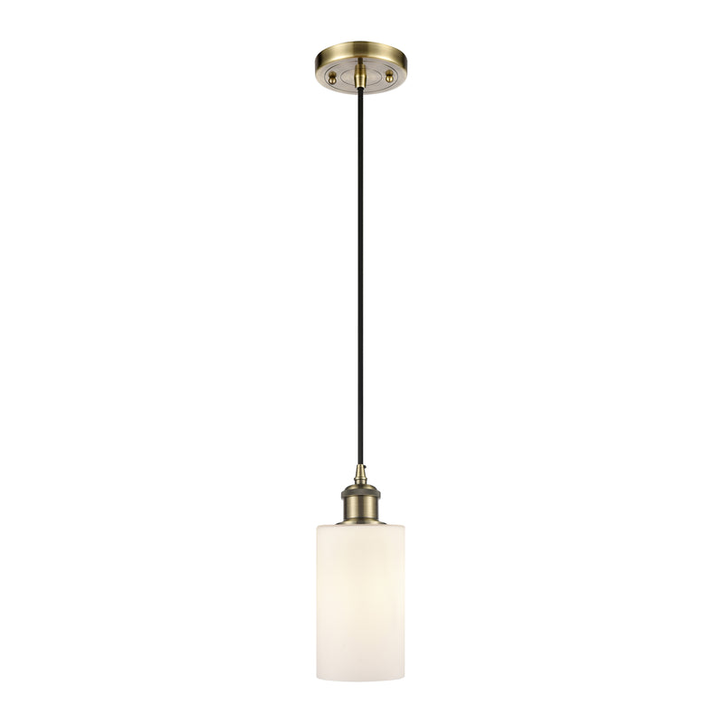 Clymer Mini Pendant shown in the Antique Brass finish with a Matte White shade