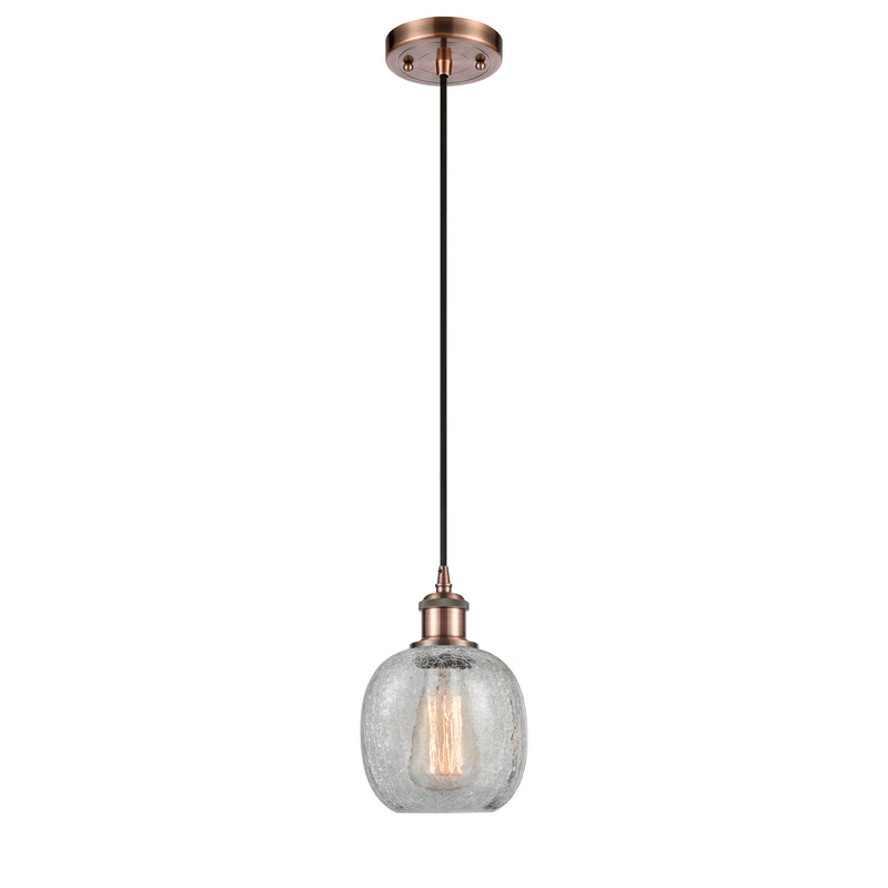 Belfast Mini Pendant shown in the Antique Copper finish with a Clear Crackle shade