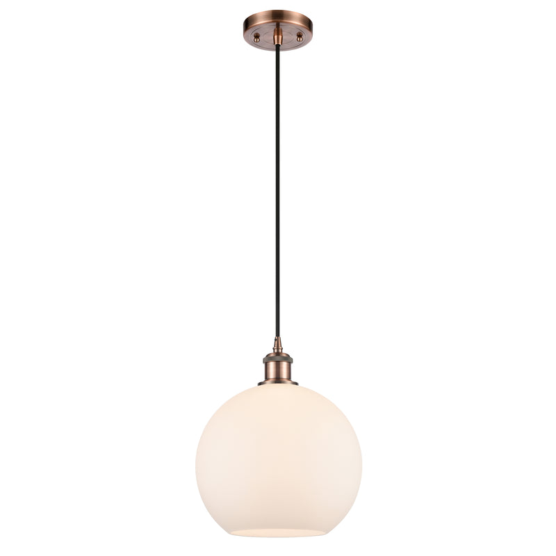 Athens Mini Pendant shown in the Antique Copper finish with a Matte White shade