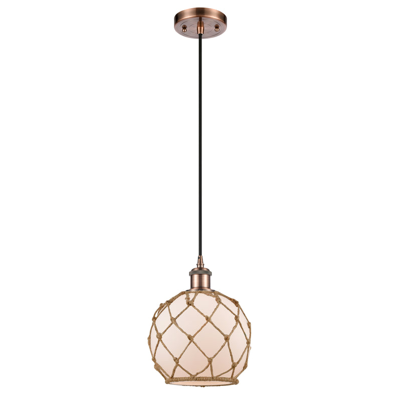 Farmhouse Rope Mini Pendant shown in the Antique Copper finish with a White Glass with Brown Rope shade