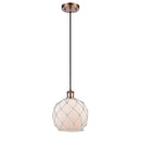 Farmhouse Rope Mini Pendant shown in the Antique Copper finish with a White Glass with White Rope shade