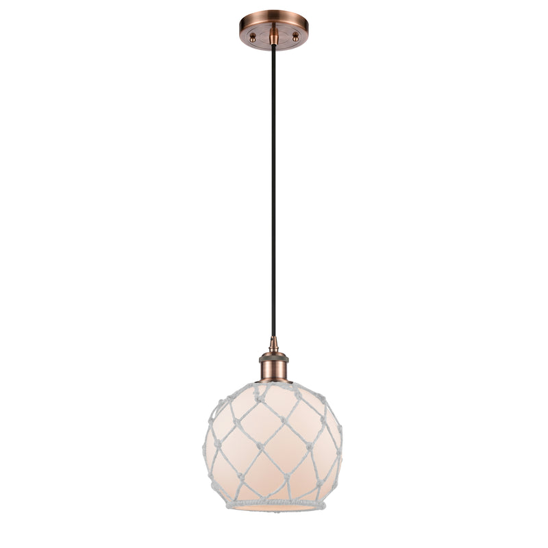 Farmhouse Rope Mini Pendant shown in the Antique Copper finish with a White Glass with White Rope shade