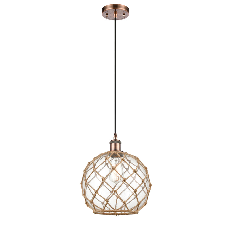 Farmhouse Rope Mini Pendant shown in the Antique Copper finish with a Clear Glass with Brown Rope shade