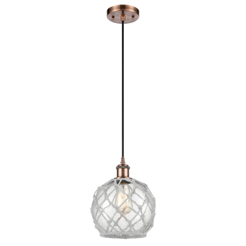 Farmhouse Rope Mini Pendant shown in the Antique Copper finish with a Clear Glass with White Rope shade