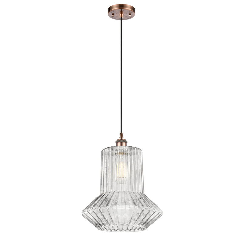 Springwater Mini Pendant shown in the Antique Copper finish with a Clear Spiral Fluted shade