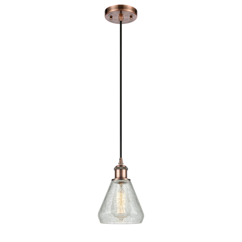 Conesus Mini Pendant shown in the Antique Copper finish with a Clear Crackle shade