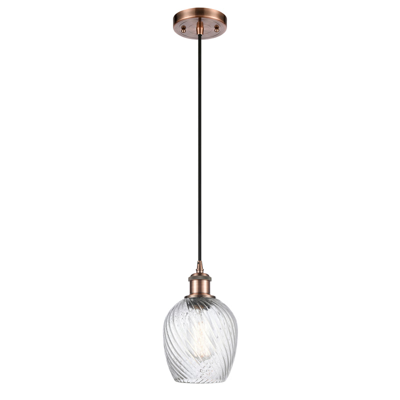 Salina Mini Pendant shown in the Antique Copper finish with a Clear Spiral Fluted shade