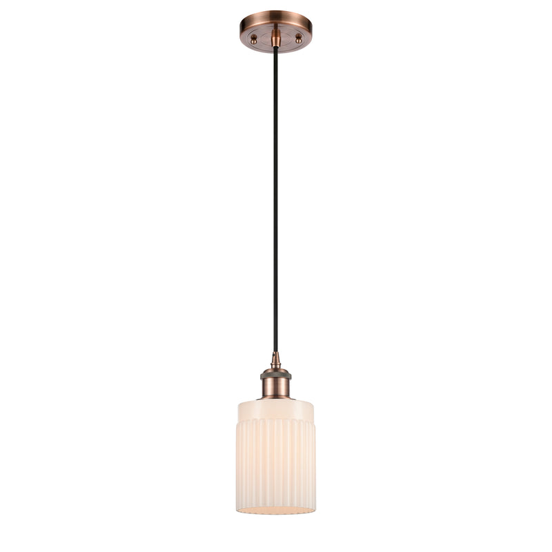 Hadley Mini Pendant shown in the Antique Copper finish with a Matte White shade