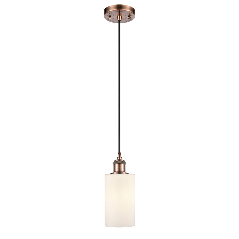 Clymer Mini Pendant shown in the Antique Copper finish with a Matte White shade