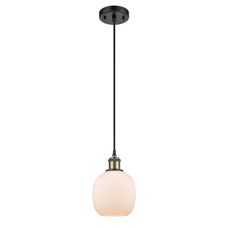 Belfast Mini Pendant shown in the Black Antique Brass finish with a Matte White shade