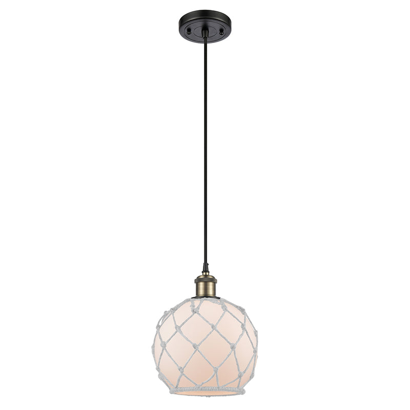 Farmhouse Rope Mini Pendant shown in the Black Antique Brass finish with a White Glass with White Rope shade