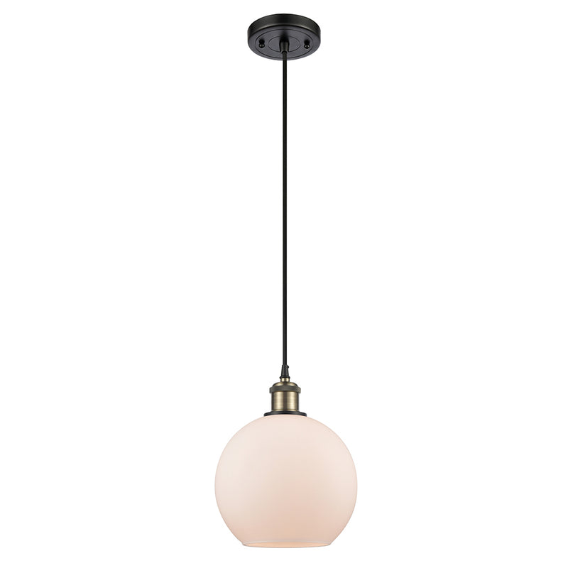 Athens Mini Pendant shown in the Black Antique Brass finish with a Matte White shade