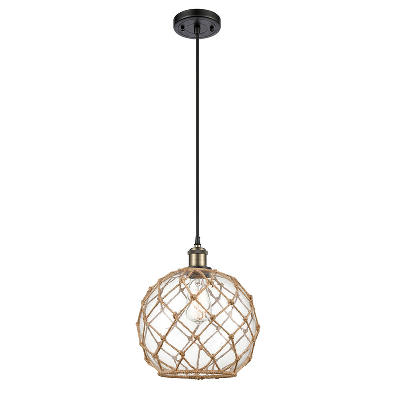 Farmhouse Rope Mini Pendant shown in the Black Antique Brass finish with a Clear Glass with Brown Rope shade