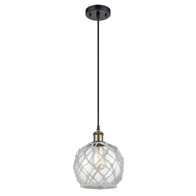 Farmhouse Rope Mini Pendant shown in the Black Antique Brass finish with a Clear Glass with White Rope shade