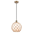 Farmhouse Rope Mini Pendant shown in the Brushed Brass finish with a White Glass with Brown Rope shade