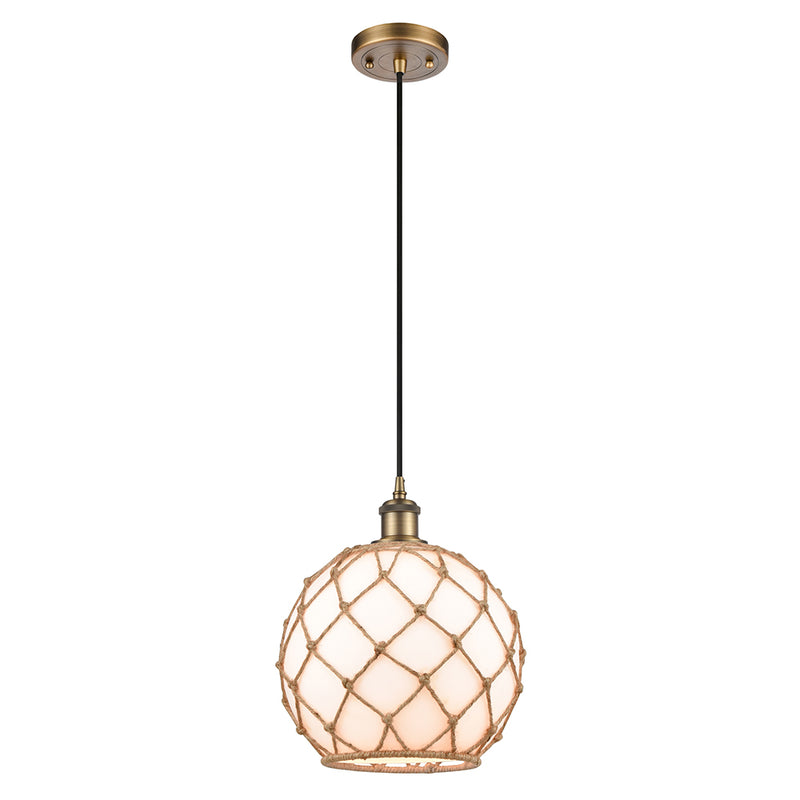 Farmhouse Rope Mini Pendant shown in the Brushed Brass finish with a White Glass with Brown Rope shade