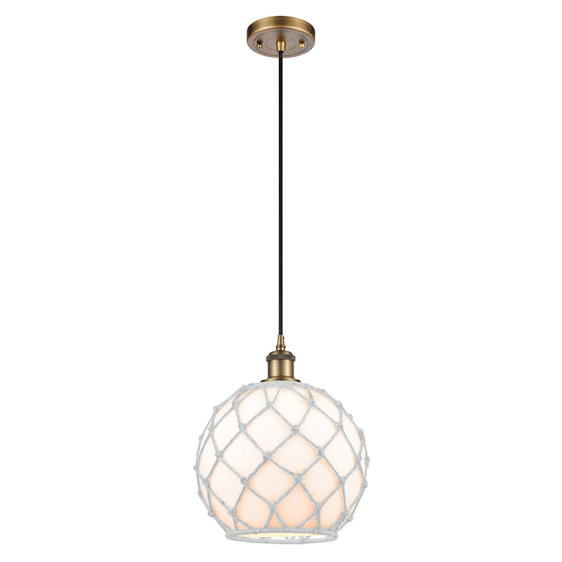 Farmhouse Rope Mini Pendant shown in the Brushed Brass finish with a White Glass with White Rope shade