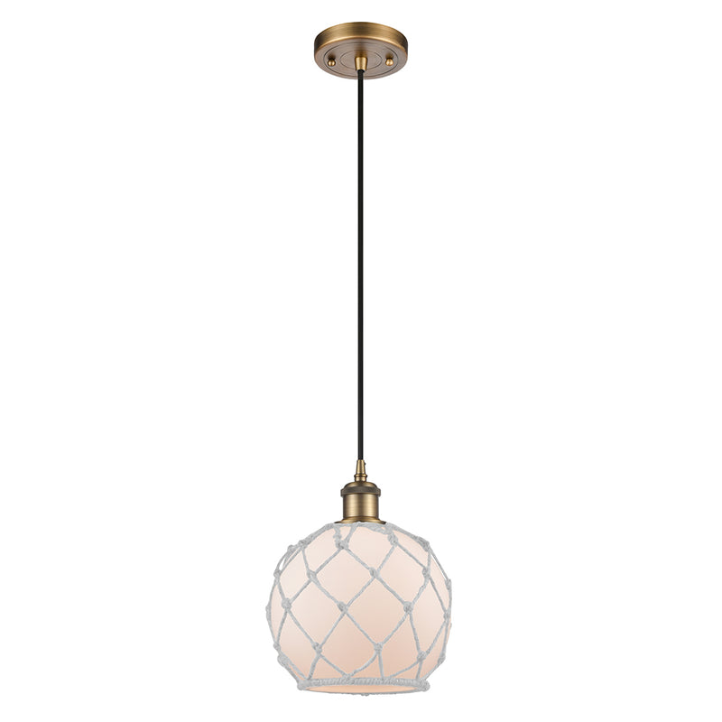 Farmhouse Rope Mini Pendant shown in the Brushed Brass finish with a White Glass with White Rope shade