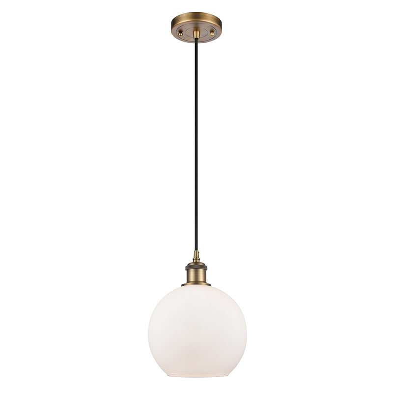 Athens Mini Pendant shown in the Brushed Brass finish with a Matte White shade