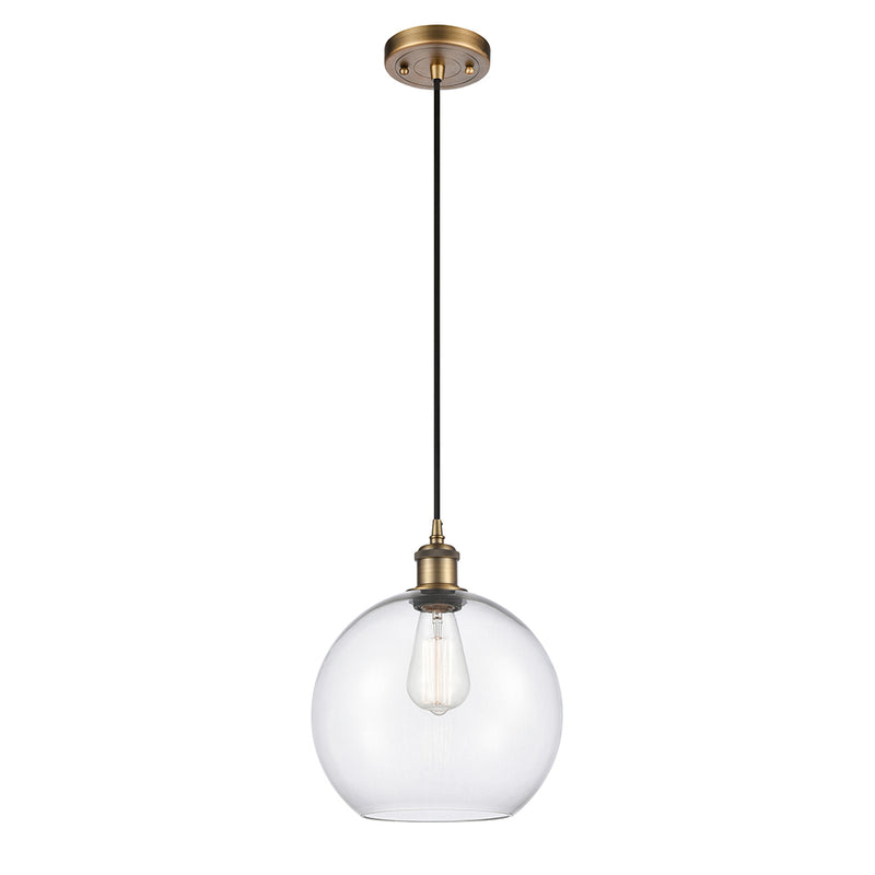 Athens Mini Pendant shown in the Brushed Brass finish with a Clear shade