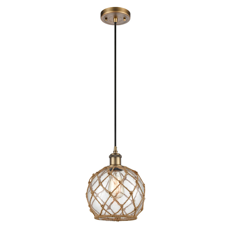 Farmhouse Rope Mini Pendant shown in the Brushed Brass finish with a Clear Glass with Brown Rope shade