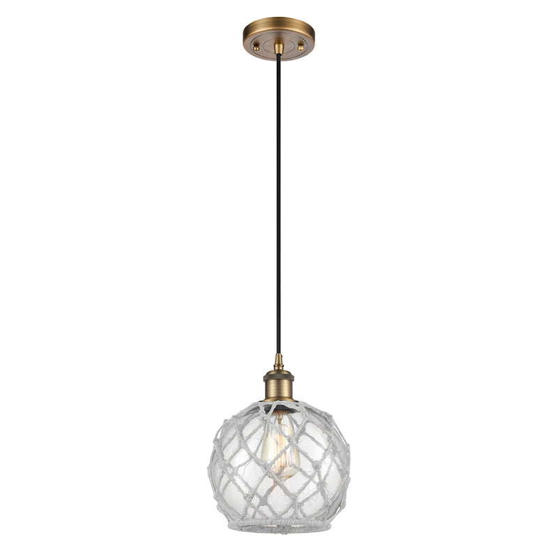 Farmhouse Rope Mini Pendant shown in the Brushed Brass finish with a Clear Glass with White Rope shade