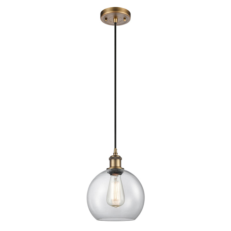 Athens Mini Pendant shown in the Brushed Brass finish with a Clear shade