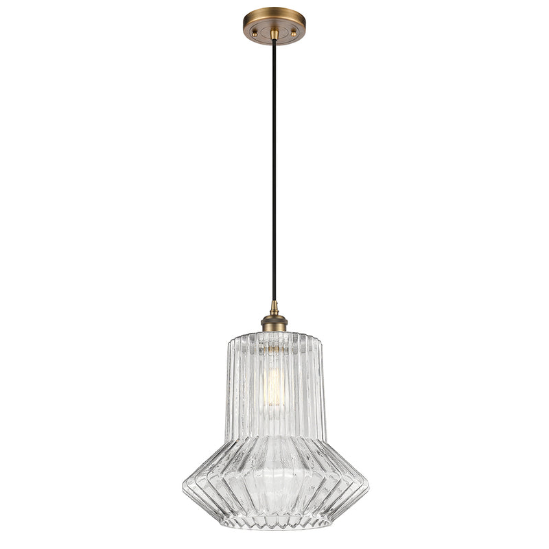 Springwater Mini Pendant shown in the Brushed Brass finish with a Clear Spiral Fluted shade