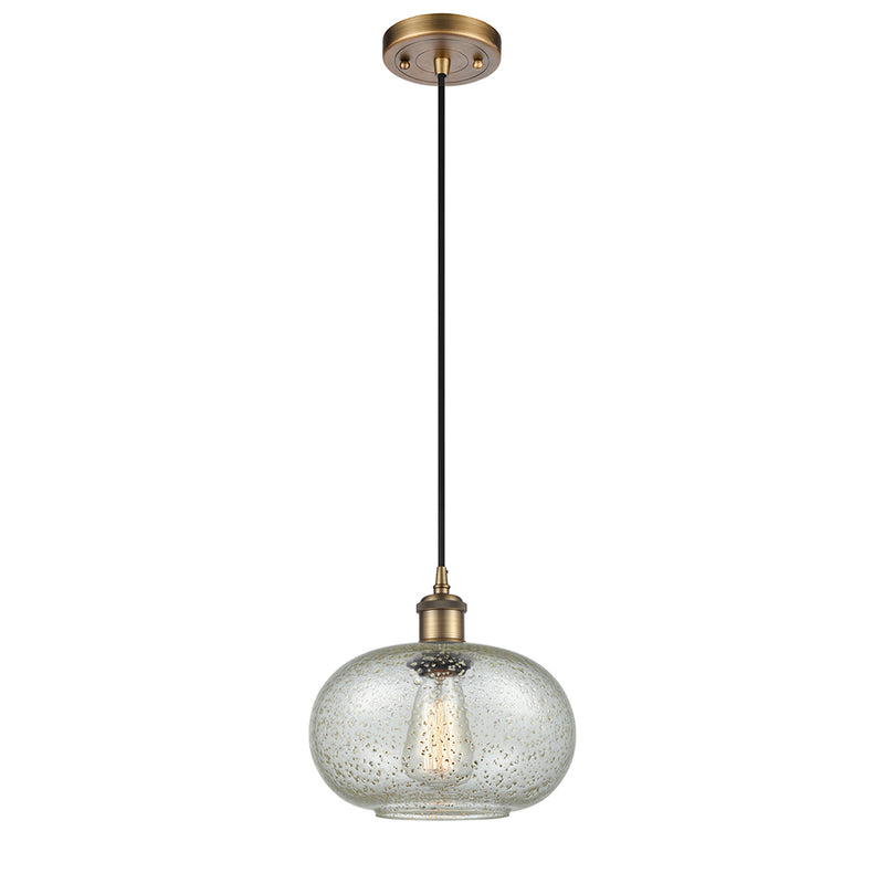 Gorham Mini Pendant shown in the Brushed Brass finish with a Mica shade