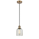 Caledonia Mini Pendant shown in the Brushed Brass finish with a Mica shade